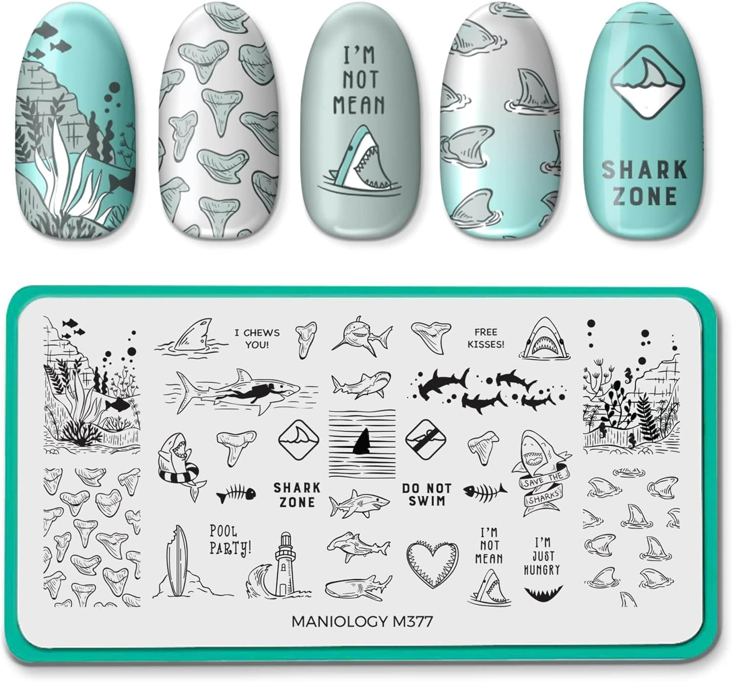Maniology Kiss a Shark Nail Stamping Plate | Sharky Nail Art Manicure Designs, Sharks and Sea Creatures DIY Patterns - Reusable, Rectangular, Stainless Steel Nail Art Template