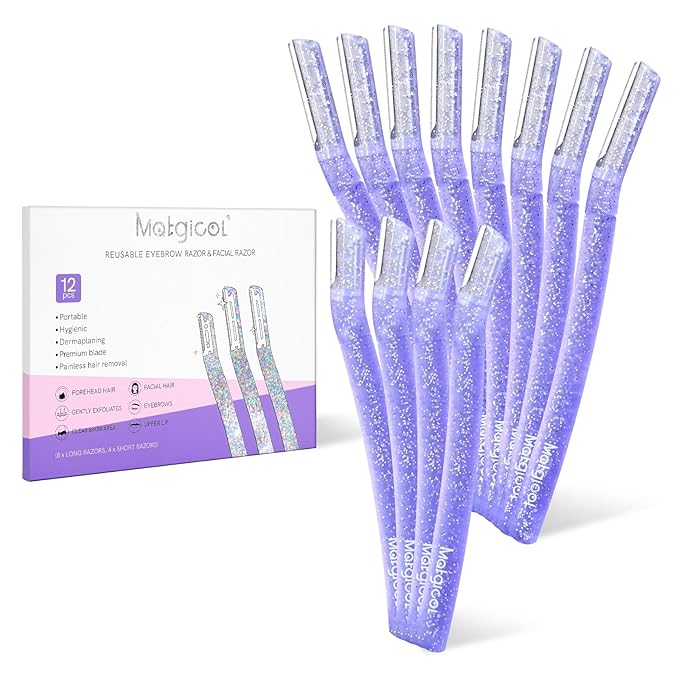 Women’s Dermaplane Razor for Face & Eyebrow - Anti-Cutting Japanese Blades for Eyebrow and Facial Hair Removal, Achieve Silky Skin and Perfect Brows (Purple, 12 Count)