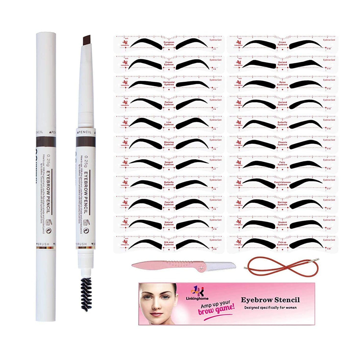 Eyebrow Stencils & Eyebrow Pencil, 30 Eyebrow Shaper Kit, Reusable Eyebrow Template With Strap & Eyebrow Razor, Waterproof Eyebrow Pen, 3 Minutes Makeup, Suitable for 98%