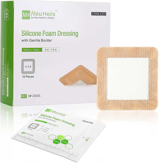 NeuHeils Silicone Adhesive Foam Dressing with Gentle Border 4''x4'' for Bed Sore Leg Ulcer 10 Pack, High Absorbency Waterproof Silicone Wound Bandage