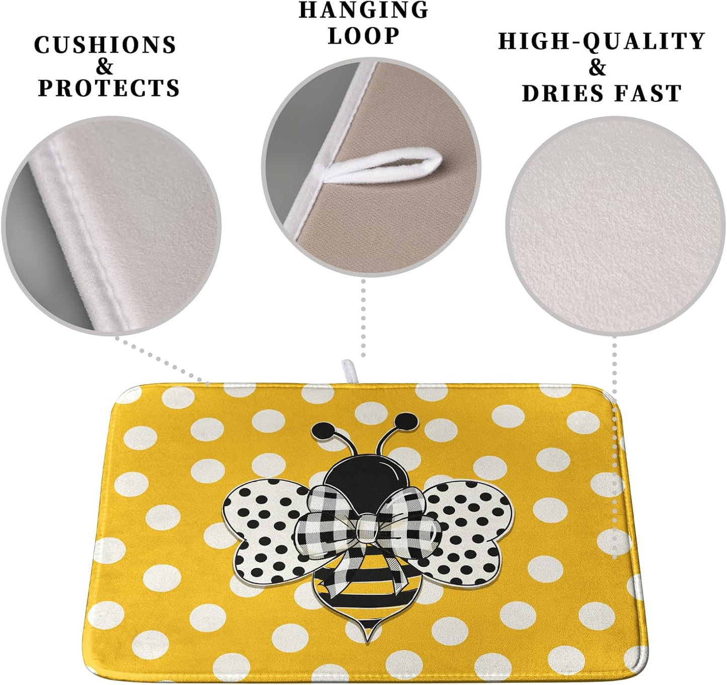 Bee Dish Drying Mat for Kitchen Counter 18x24 Inch Yellow Bumblebee Polka Dots Dishes Pad Cute Honey Bees Dish Draining Microfiber Absorbent Dish Drainer Rack Mat Large Kitchen Accessories