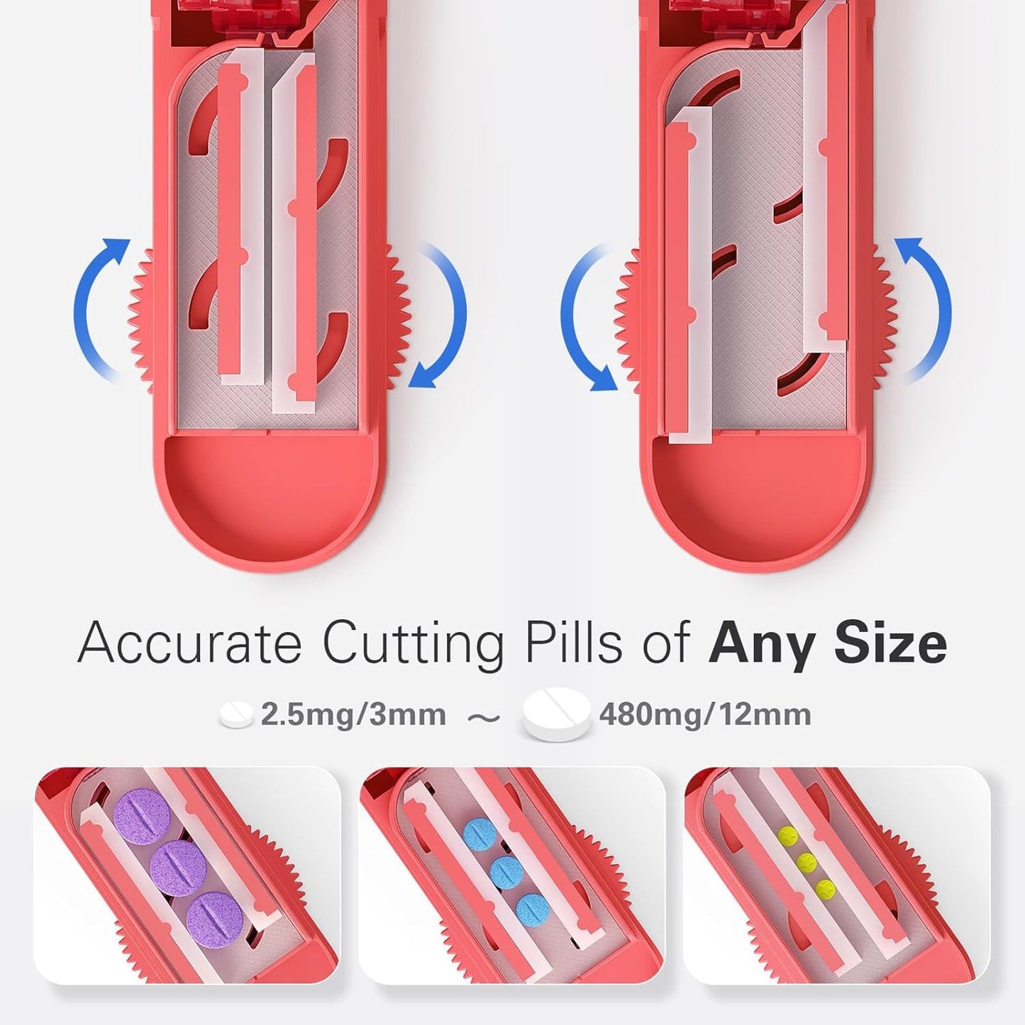 ONE PIX Pill Cutter Splitter for Small and Tiny Pills, Pill Splitter for Cutting Multiple Pills at a Time in Half with Hidden Sharp Stainless Steel Blade, Red