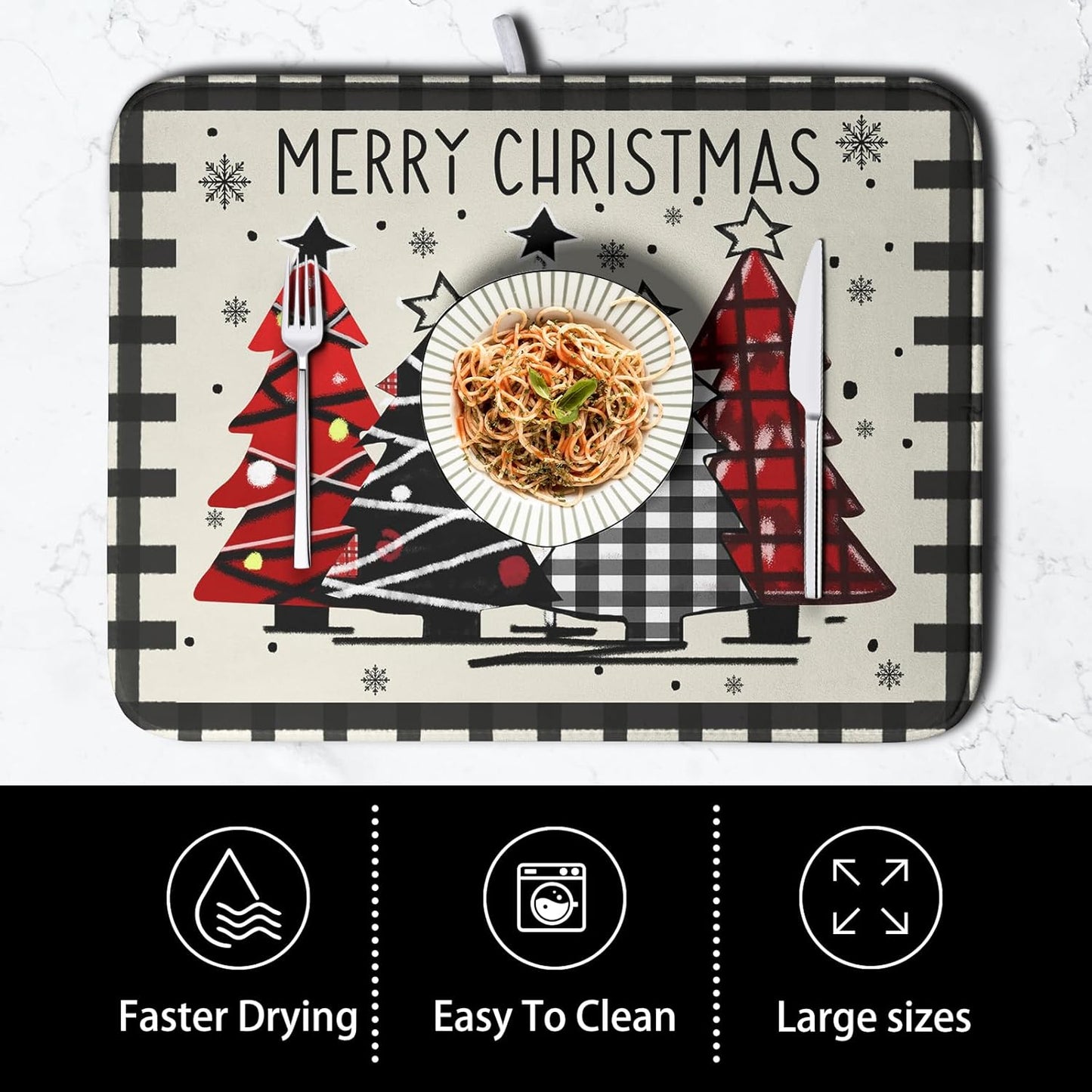 Christmas Trees Kitchen Dish Drying Mat 18x24 Inch Merry Christmas Black White Buffalo Plaid Dish Drainer Mat Absorbent Reversible Microfibe Drying Dish Pad for Winter Kitchen Counter Decor