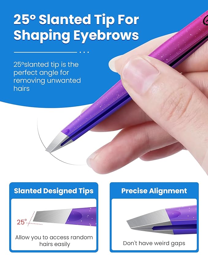 Expert Slant Tip Tweezers with Leather Travel Case, GlamTweeler Sharp & Precision Stainless Steel Tweezer for Eyebrows, Facial Hair and Fine Hairs Removal (Sparkle Deep Violet & Lavender)