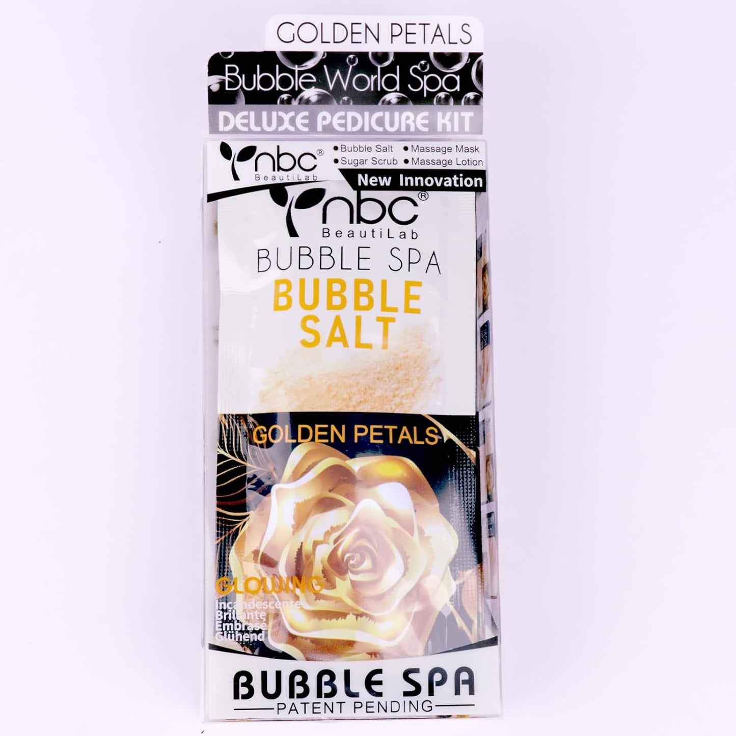 Pedicure Kit Foot Soak Set: Bubble Salt, Sugar Scrub, Massage Mask, Massage Lotion in a Box, 4 Step Foot Spa Kit for Dry Feet,Tired Feet (1 Set Golden Petals)