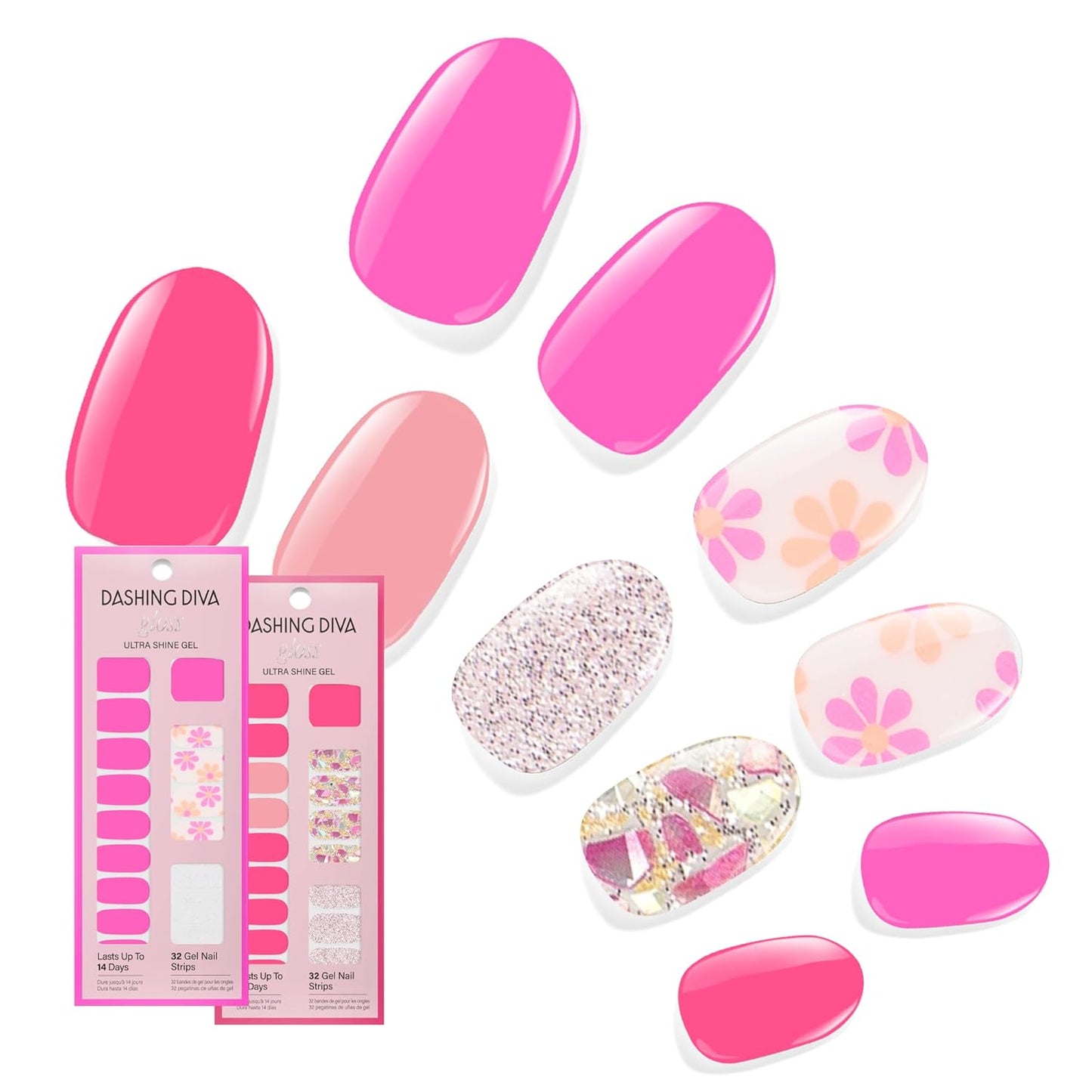 Dashing Diva Gloss Nail Strips Bundle - The Bright Pinks Collection - Coral Reef & Palm Beach - UV Free, Chip Resistant, Long Lasting Gel Stickers - Contains 2 Sets