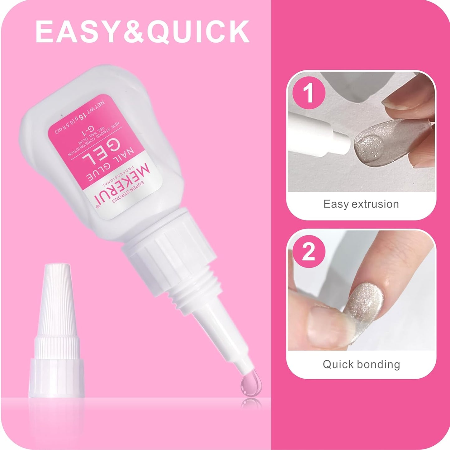 Super Strong Nail Glue Gel (15g) for Press on Nails,Drip and Clog Proof,7S Quickly Dry Without UV Light,Long-Lasting 30+Days,Waterproof Beauty Secret Professional Salon Quality (1, Nail Glue)