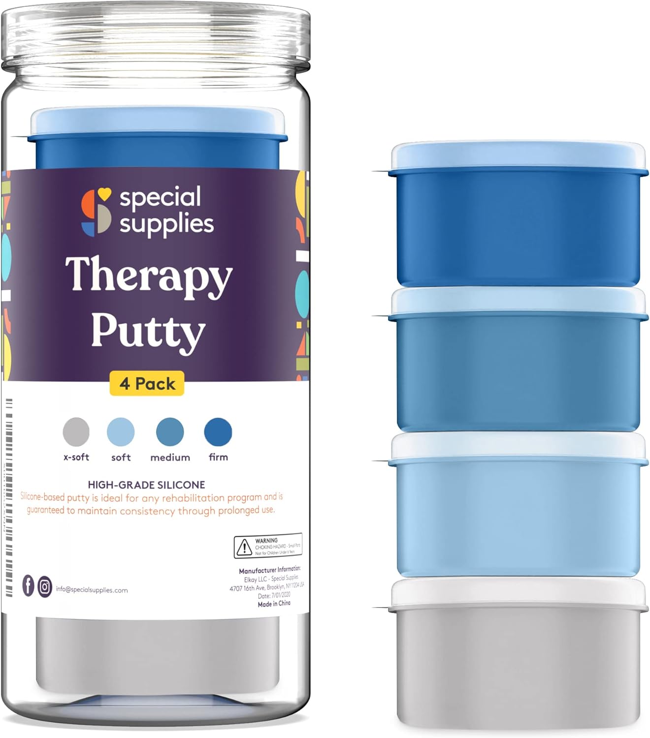Special Supplies Therapy Putty for Kids and Adults - Resistive Hand Exercise Stress Relief Therapy Putty Kit, Set of 4 Strengths, Three Ounces of Each Putty (Ocean Colors)