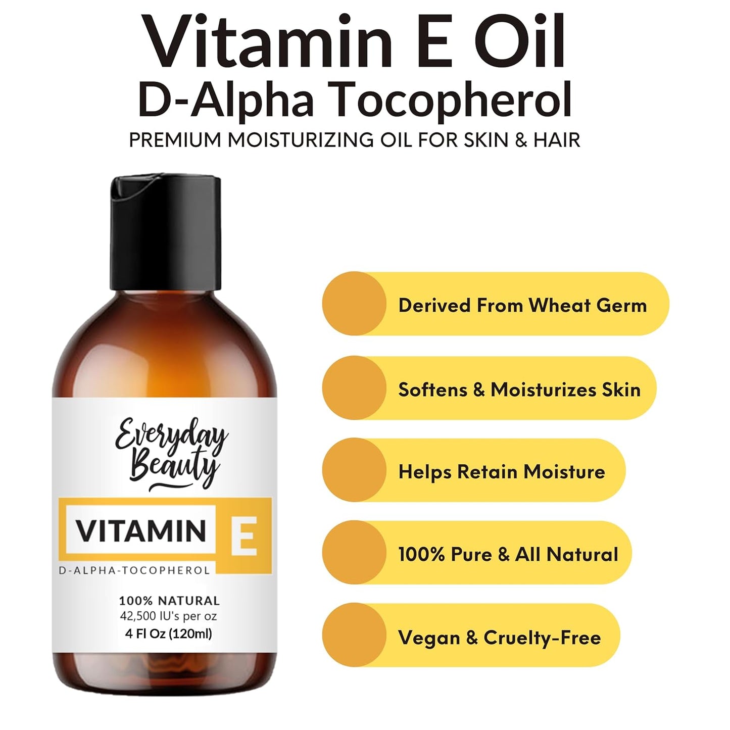 Pure Vitamin E Oil - D-Alpha Tocopherol 100% Pure & All Natural 4oz 42,500 IU per oz - Thick, Amber Color, Nutty Aroma - From Wheat Germ -Face Body Hair -DIY Cosmetics & After Surgery Scars