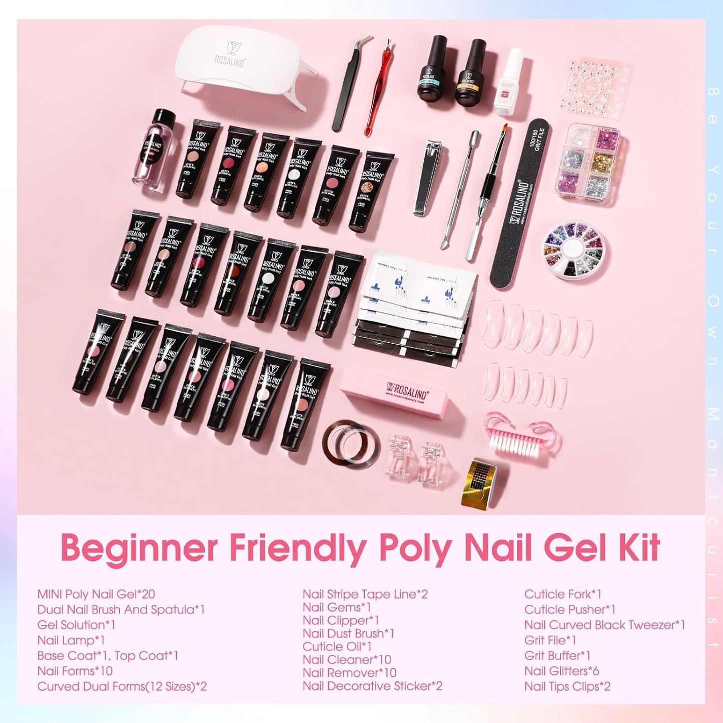 ROSALIND 20 Poly Nail Gel Kit with Mini Nail Lamp Glitter Collection with Tools Clear Poly Nail Gel Starter Kit with Nail Forms Base Coat Coat Basic Tools for Beginners with Everything