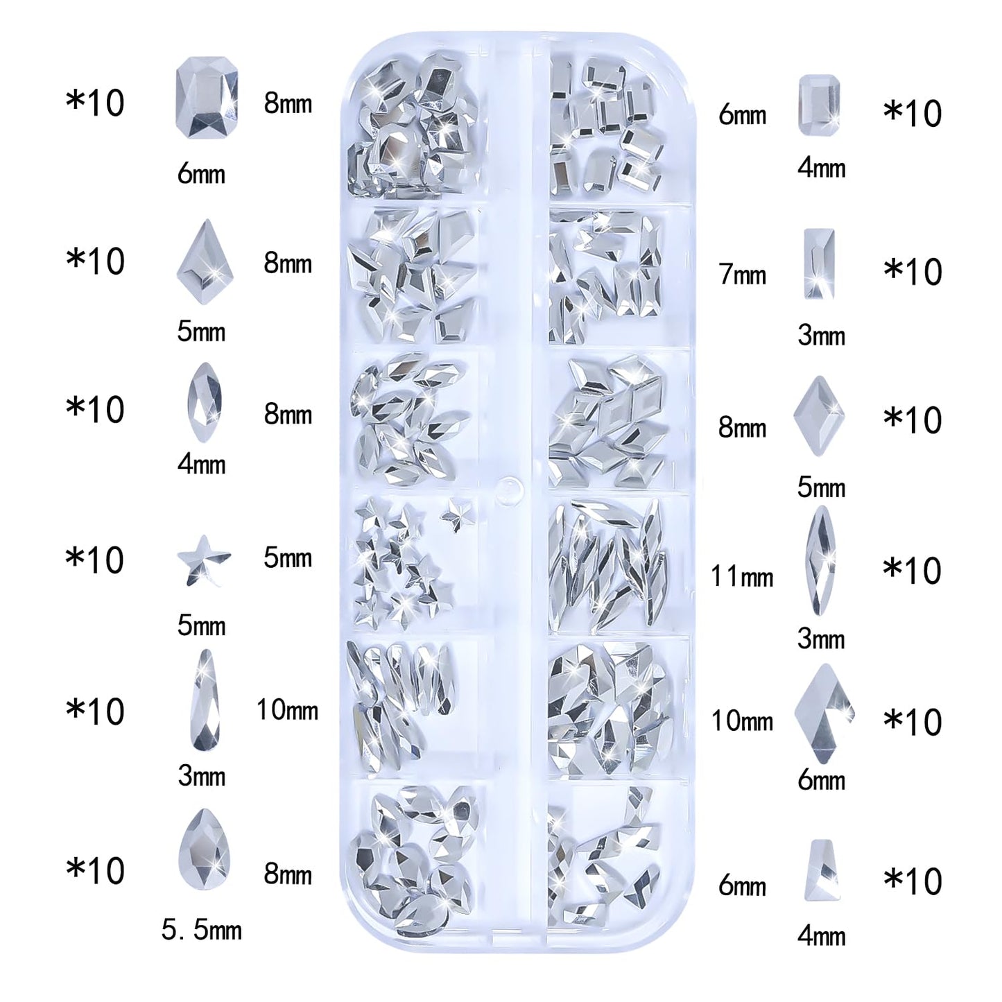 HNUIX Nail Rhinestones - 3D Multi Shape Size, Silver Nail Gems and Charms, Flat Back Crystal, with Kit, for Nail Art, DIY Decorations