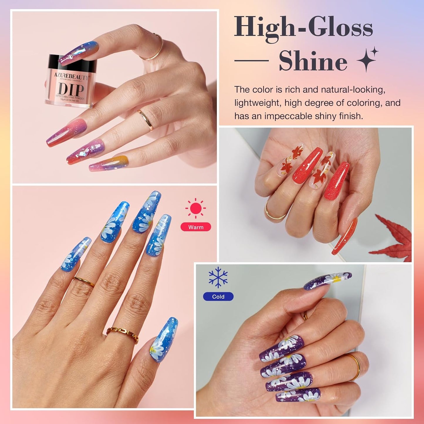 AZUREBEAUTY Dip Powder Nail Kit, Color Changing Glitter Pink Blue Purple Orange Mood Temperature Dipping Powder Liquid Set with Base Top Coat Activator for Home Manicure Gift