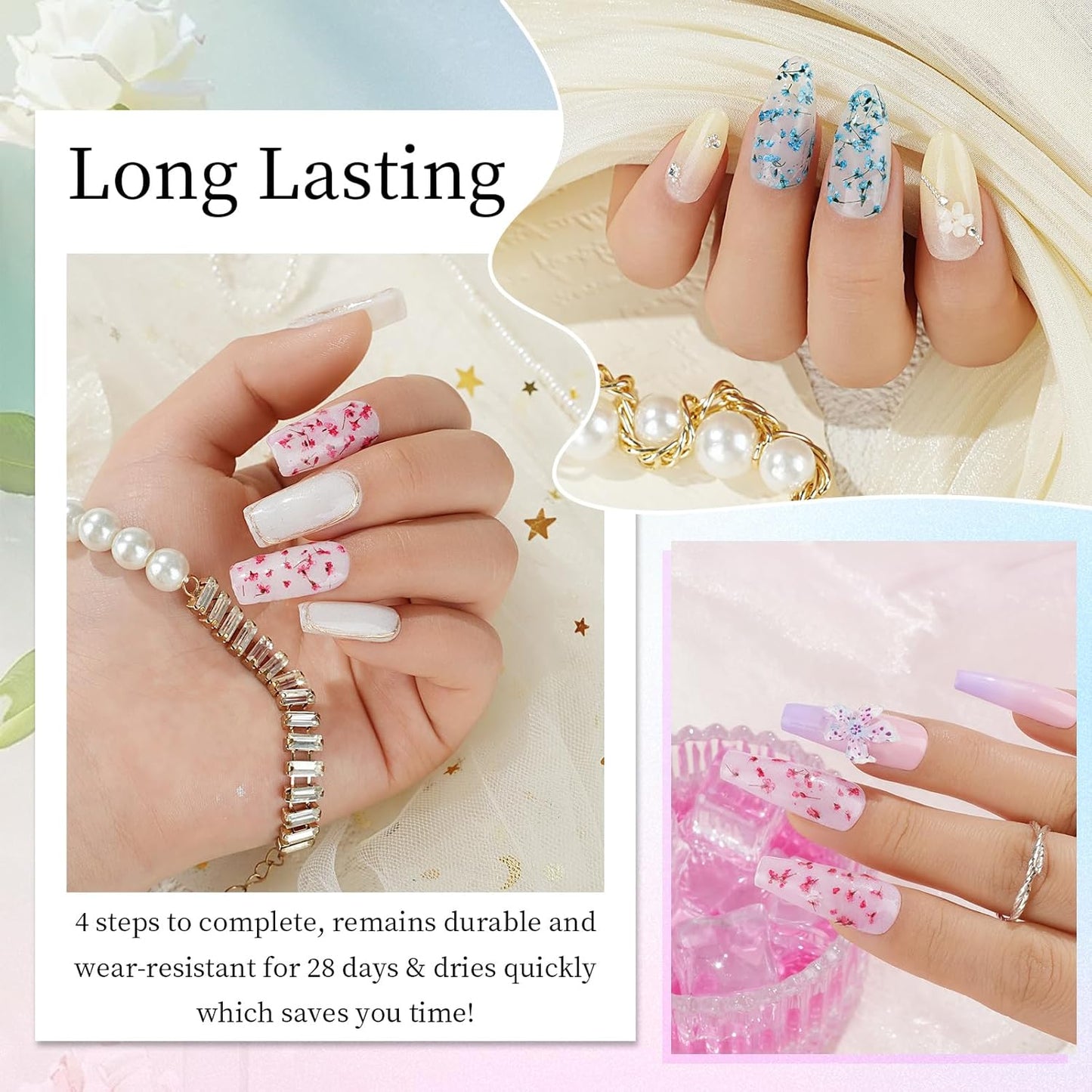 Dip Powder Nail Transparent Crystal Dried Flower Set, 6 Colors Dipping Powder Kit With Base & Top Coat/Activator/Brush Saver, Nail Art Manicure Salon DIY for Daily at Home Party Gifts for Women