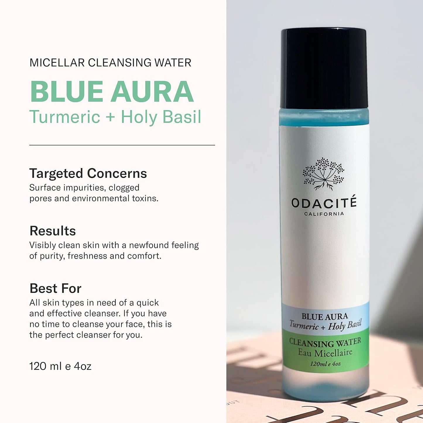 ODACITE Odacité Facial Cleanser with Foam - Blue Aura Cleansing Water Facial Wash with Neem, Holy Basil & Turmeric - No-Rinse Micellar Water Removes Pollution, Impurities & Makeup, 4.0 fl. Oz