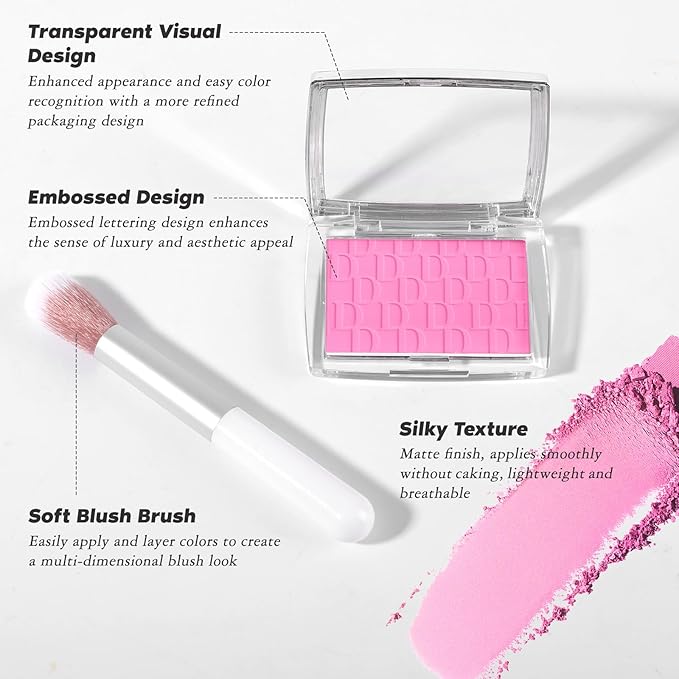 Pink Blush Powder Blush for Cheeks with Brush, Matte Blush Palette Blush Powder Face Blusher, Natural Blendable Formula Silky Lightweight Makeup Blush Rubores de Maquillaje, 001#