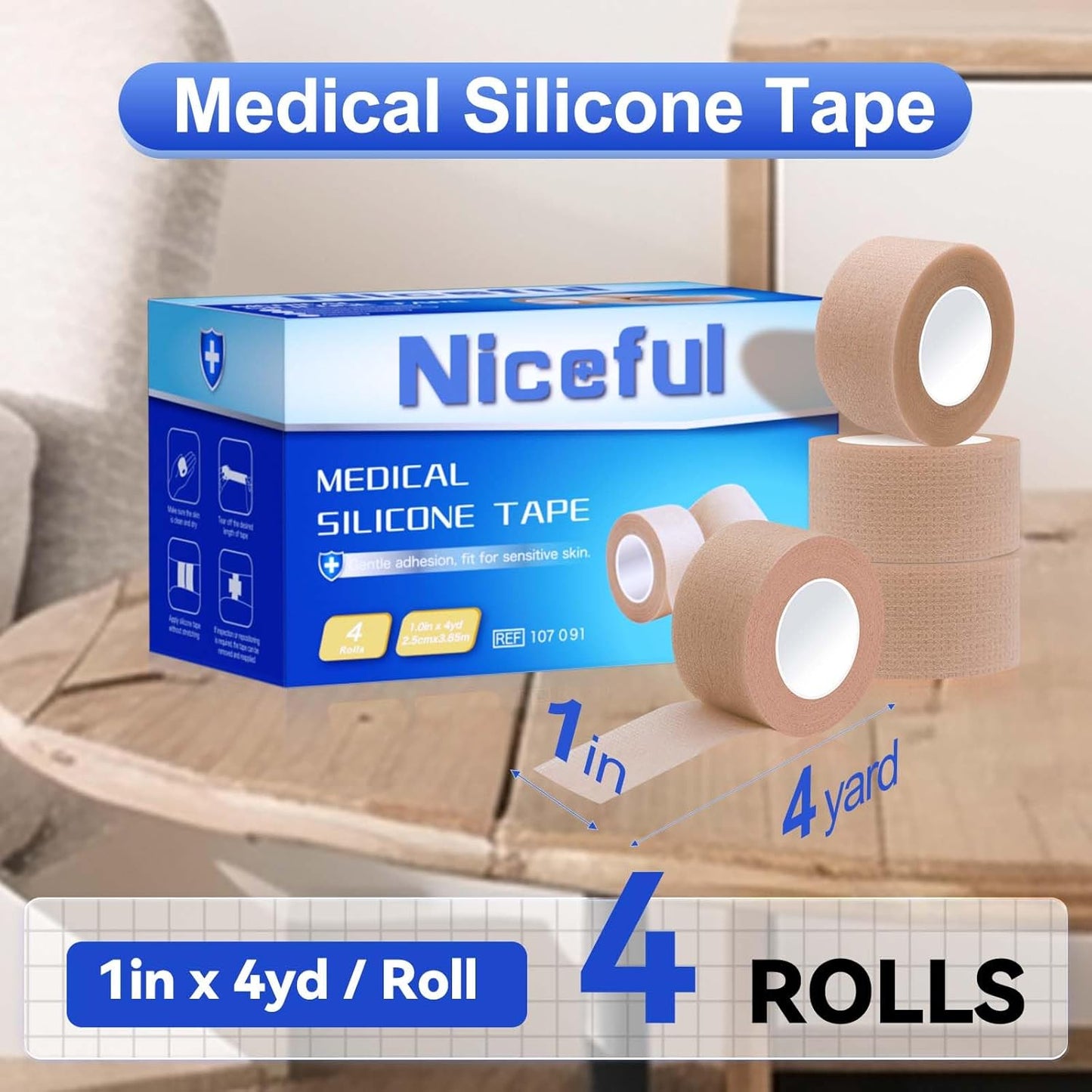 4 Rolls Medical Tape 1" x 4 Yard - Silicone Tape for Wound Care, Secures Dressings and Gauze, Easy to Remove, Waterproof Surgical Tape for Skin