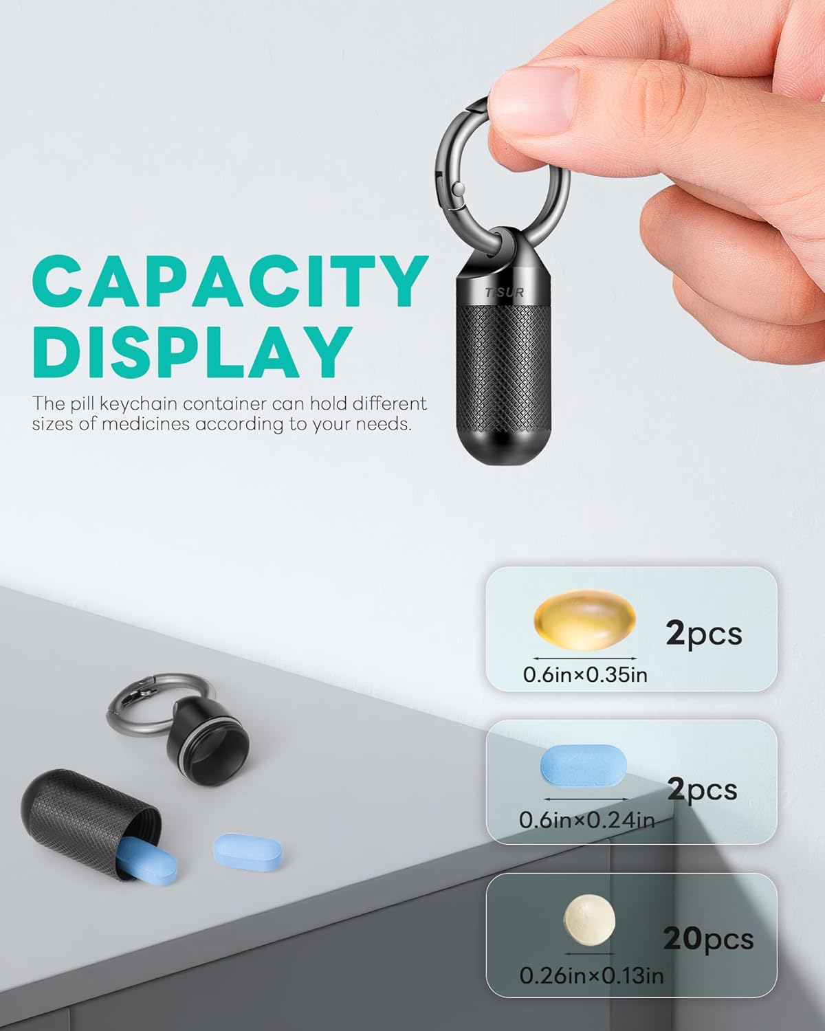 TISUR Small Pill Keychain Container, Mini Portable Titanium Keychain Pill Holder, Pocket Travel Bottle Metal Purse Box Case Black (Small Black-0.51inch)