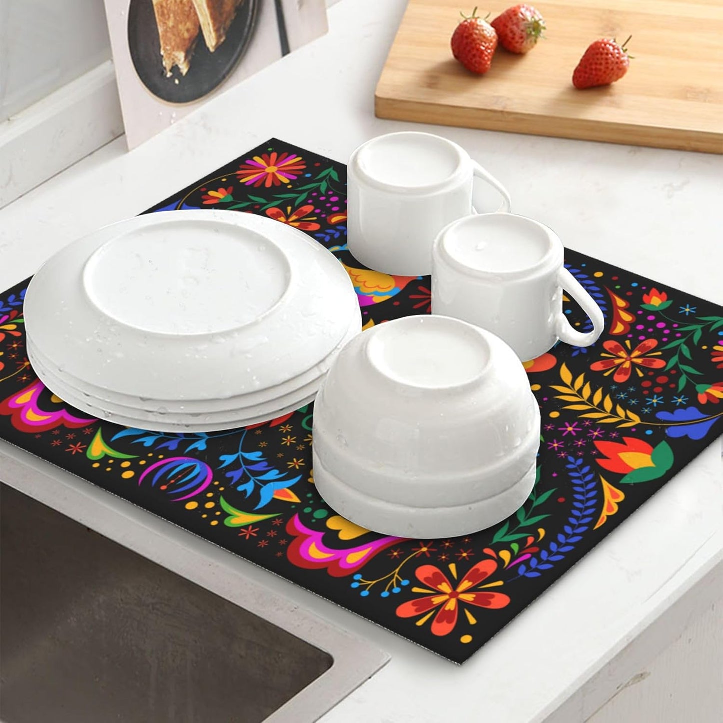 Mexican Dish Drying Mat for Kitchen Counter Mexican Flower Decorative Dish Drainer Rack Mats 16x18 Inch Absorbent Reversible Drying Pad Black