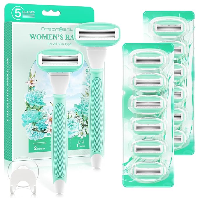DreamGenius Razors for Women Include 2 Non-Slip Handles and 14 Blade Refills with a Shower Holder, 5 Premium Blades Women's Razors for Shaving with 360° Lubrication Reduces Irritation, Green