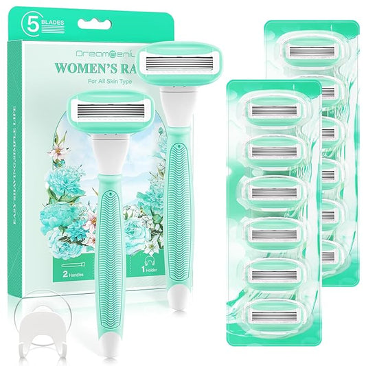 DreamGenius Razors for Women Include 2 Non-Slip Handles and 14 Blade Refills with a Shower Holder, 5 Premium Blades Women's Razors for Shaving with 360° Lubrication Reduces Irritation, Green