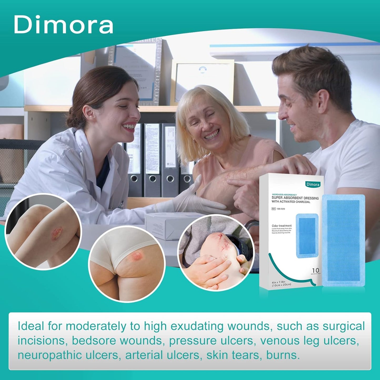 Dimora Upgrade Super Absorbent Dressing with Activated Charcoal, Superior Anti-Odor Moisture Absorpting Wound Dressing 4"x8" 10 Packs