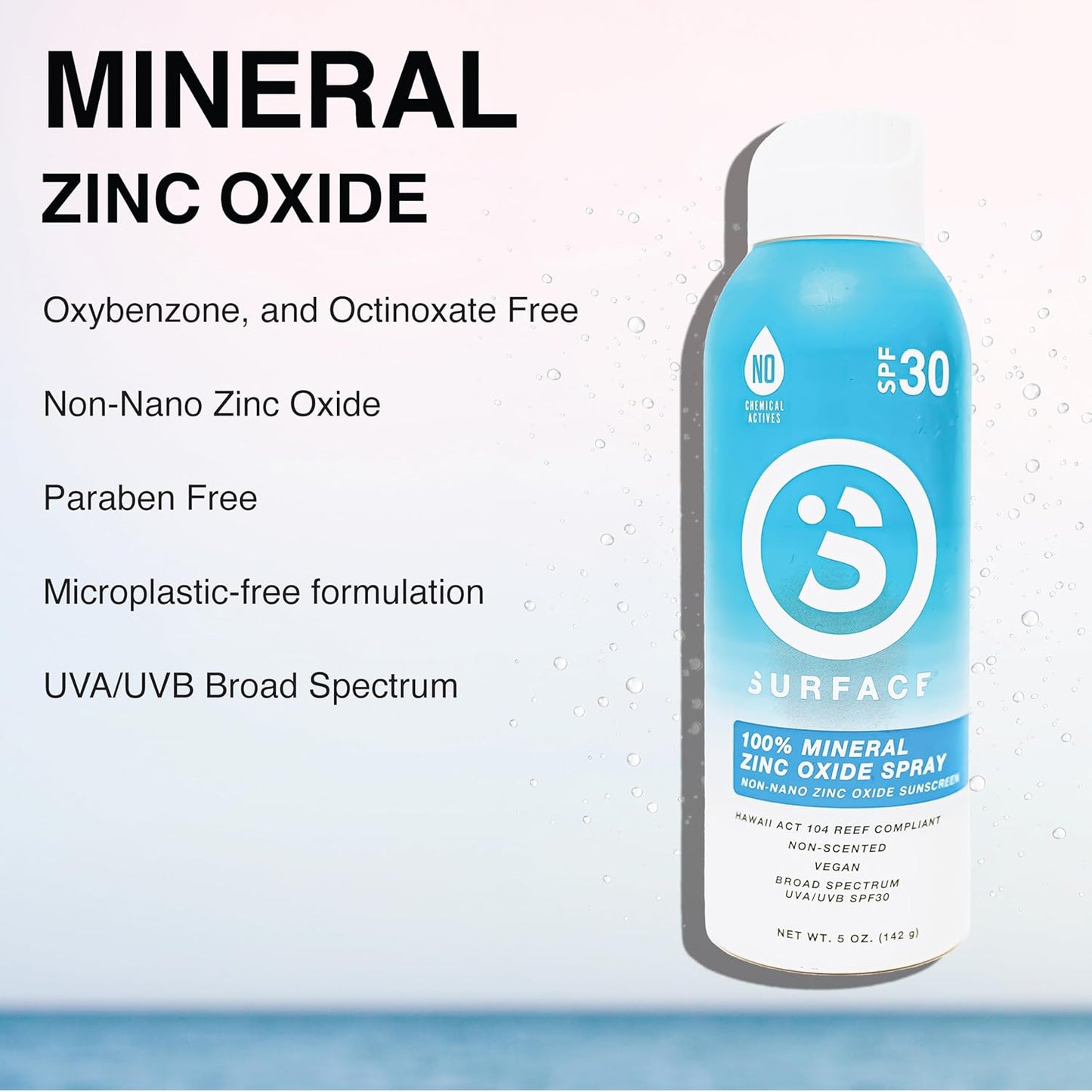 Surface Mineral Sunscreen Spray SPF 30 for Body, Lightweight Non-Nano Zinc Oxide Formula, Reef Friendly, Broad Spectrum UVA UVB Protection, Water Resistant Sun Care for 80 Minutes Outdoor Use, 5oz