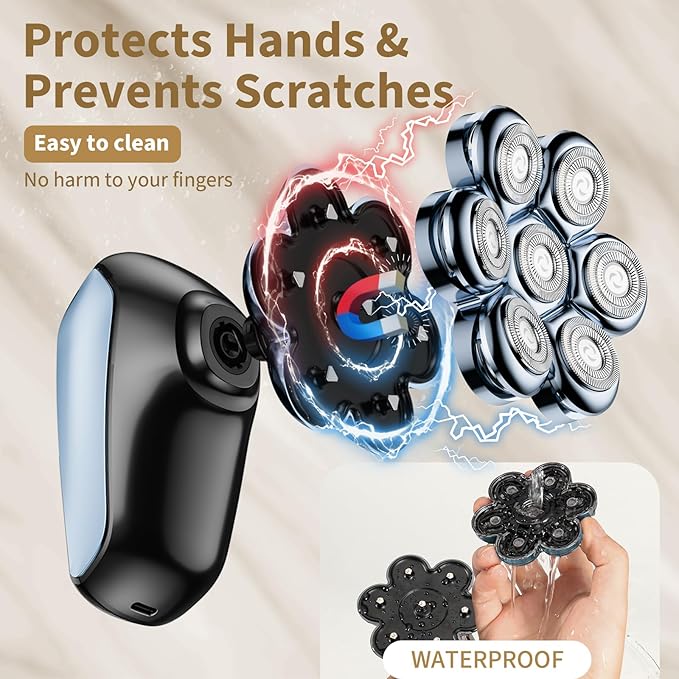 Detachable Head Shavers, SHPAVVER 5 in 1 Electric Razor IPX7 Waterproof for Bald Men, Wet Dry LED Display Rechargeable 7D Rotary Shaver Grooming Kit with Type C Charge A，Bright Blue