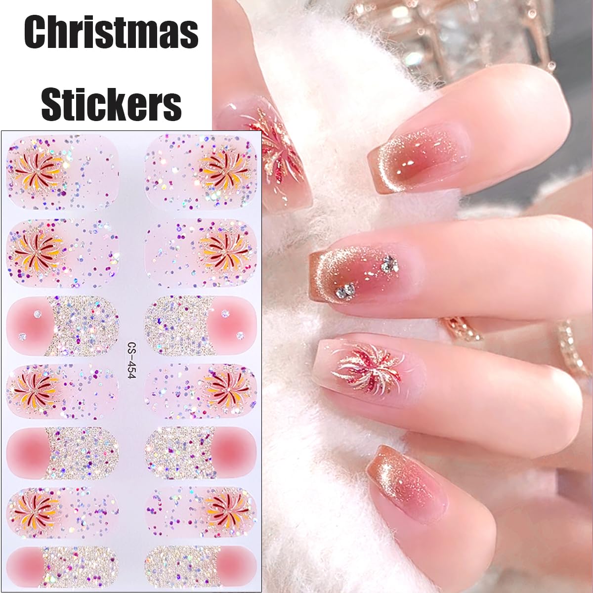 Christmas Nail Stickers - Glitter Firework Nail Wraps, 3D Winter Gel Polish Strips, New Year Full Wrap Designs, Self-Adhesive Shiny Gradient Decals for Women, 6Pcs
