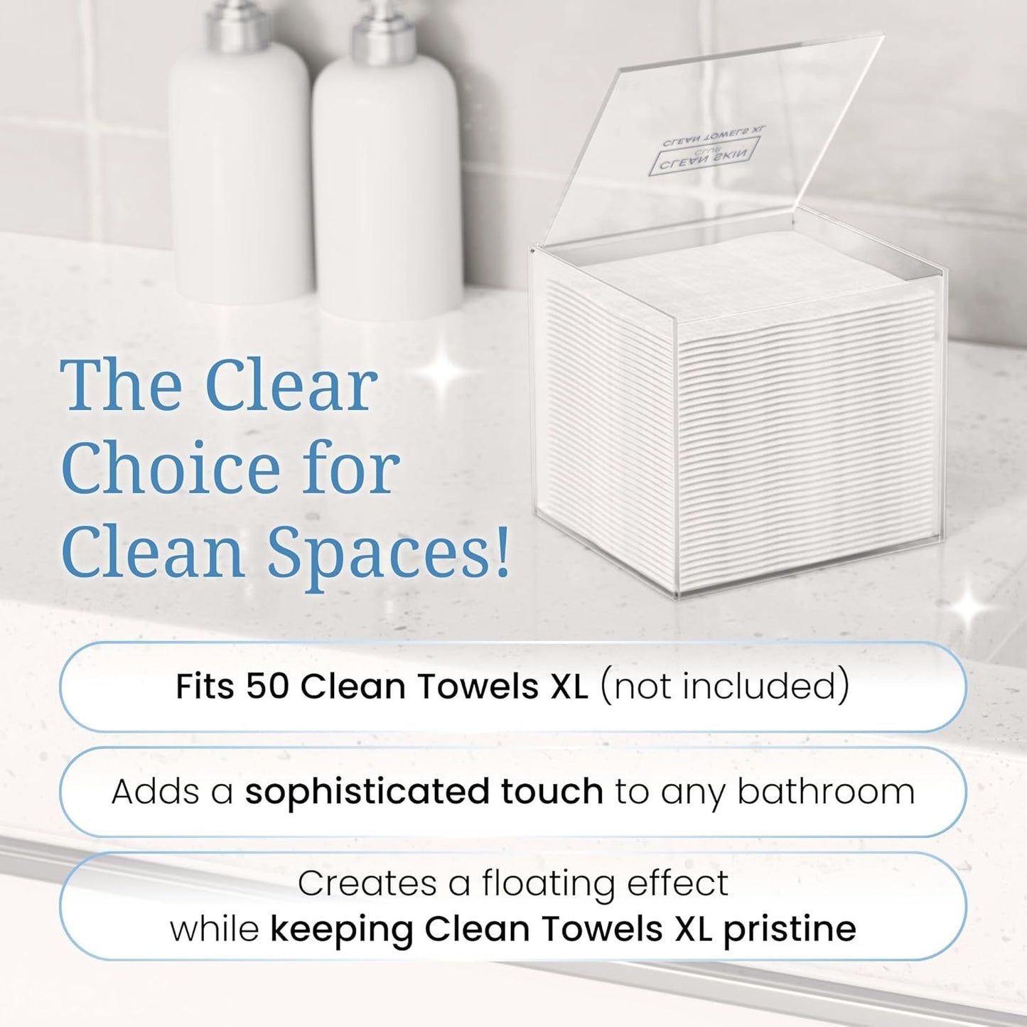 CLEAN SKIN CLUB Clear Acrylic Box for Clean Towels XL (NOT Included), Container For 50 Disposable Clean Towels XL, Face Towelettes Bathroom Counter Storage, Bin for Cleansing Facial Dry Wipes