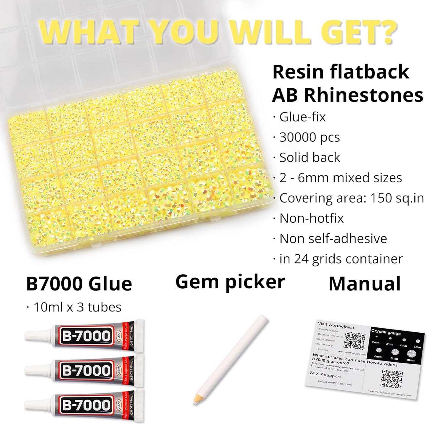 30000Pcs Resin Jelly Rhinestones Set for Crafting Bedazzling, Yellow AB Flatback Gems Jewels for Crafts Clothes Shoes Fabric Outfit Nails Makeup, Flat Back Crystal 2-6mm with b 7000 Glue