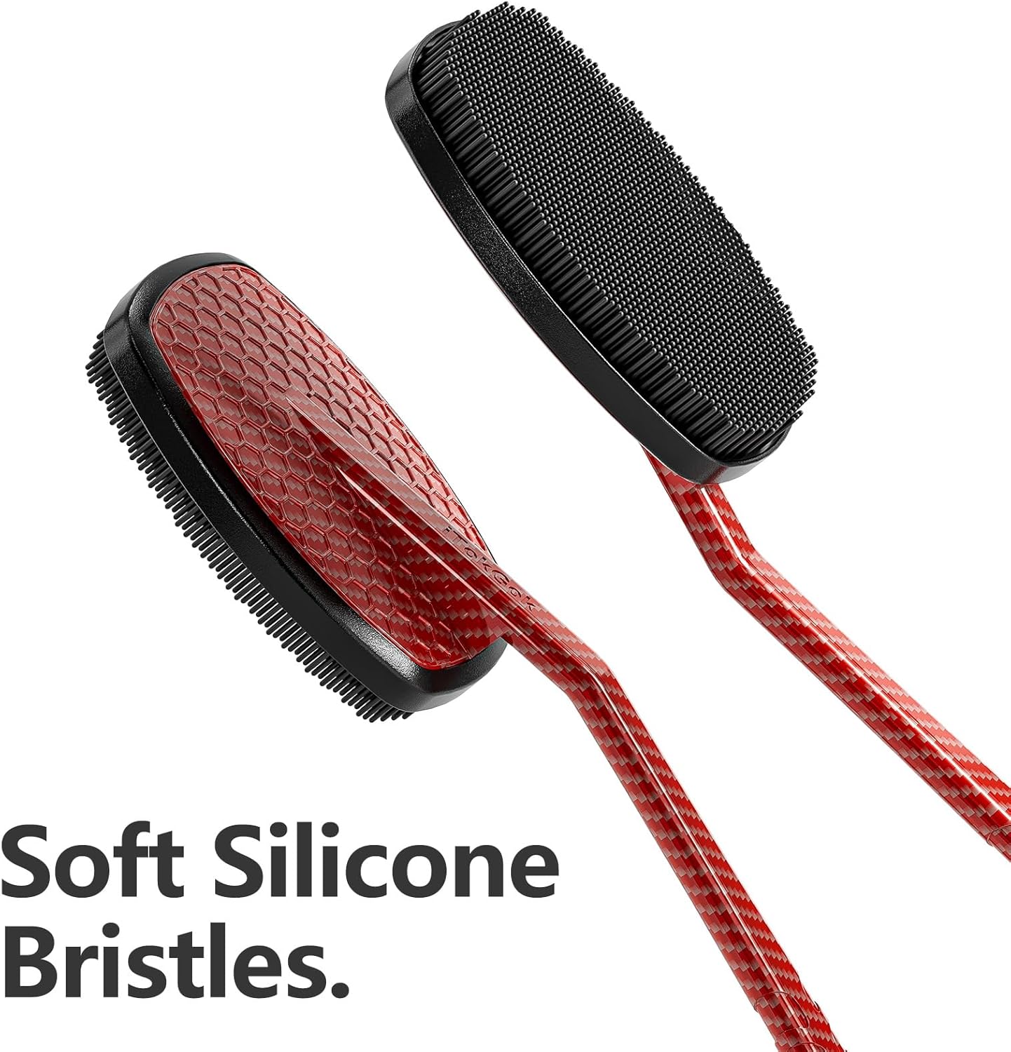 New Carbon Fiber- Red Silicone Back Scrubber for Shower, Back Shower Brush with Long Handle Back Scrubber for Men and Women