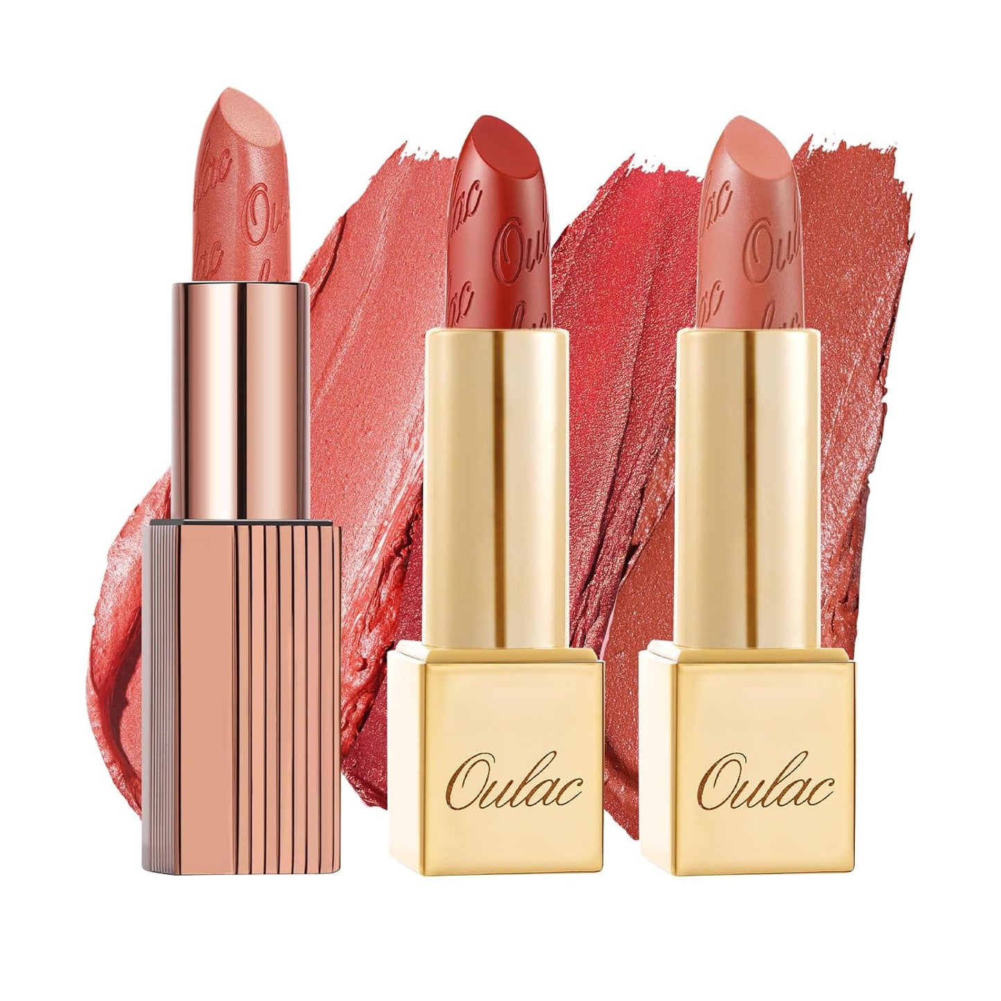 Oulac Metallic Orange Lipstick Set 3PCS, Comfortable Creamy Texture, Smooth No Grainy Feeling, Vegan & Gluten Free, Full-Coverage Lip Makeup, 3 X 4.3 g, 605+02+05