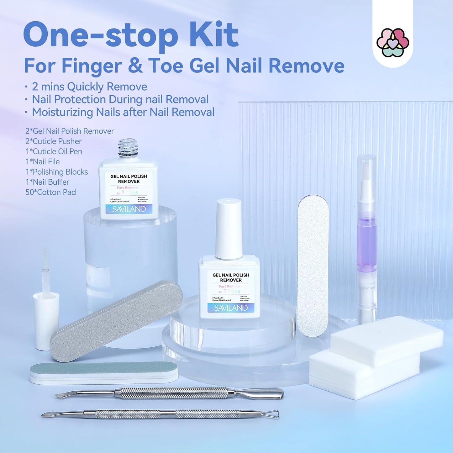 SAVILAND Gel Nail Polish Remover Kit: 2 PCS Soak off Gel Polish Remover Quick & Easy Rich in Castor Oil & Vitamin E, with Cuticle Oil Pen Nail Tools for Gel Nails Remove Home Salon Use