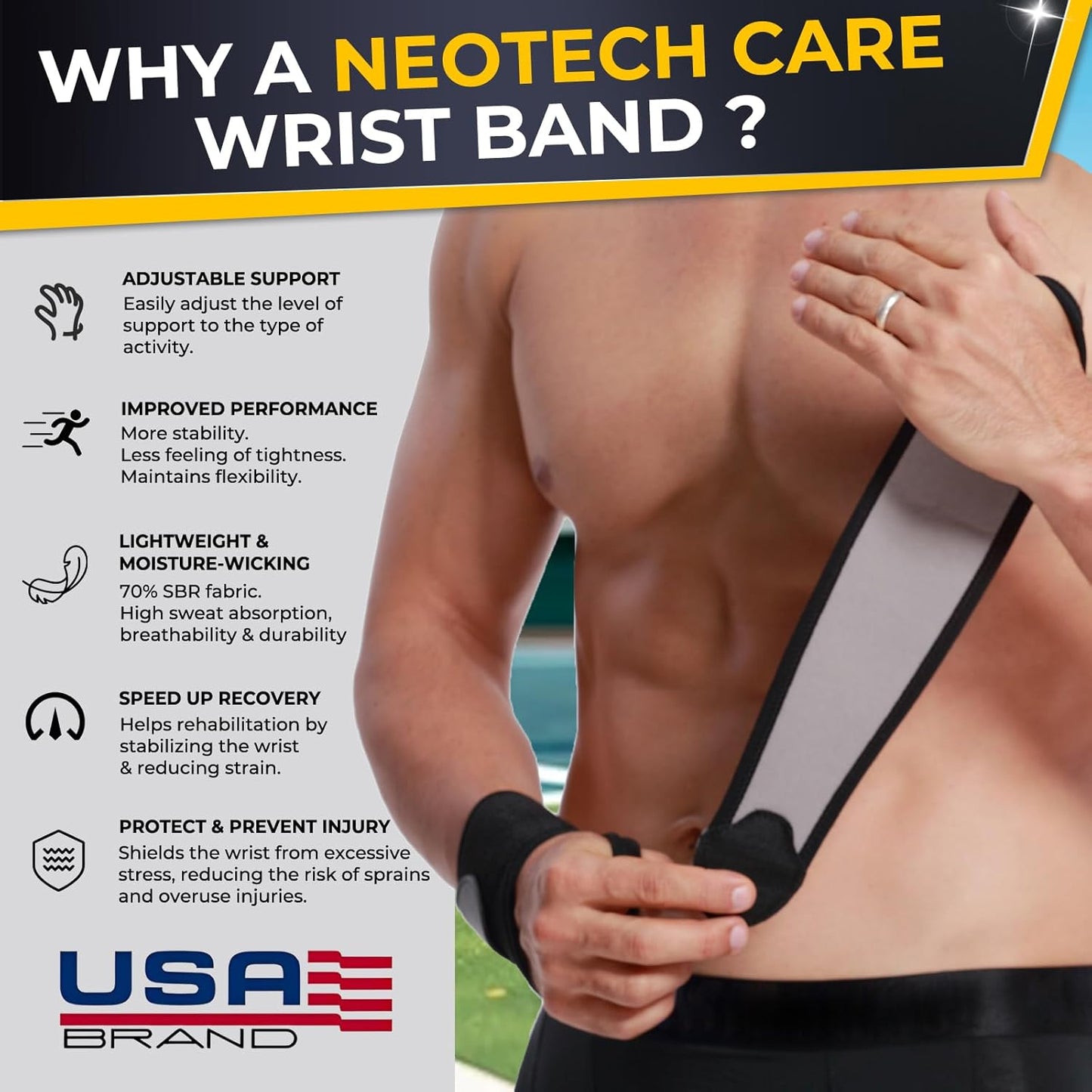 NeoTech Care Wrist Band - Elastic & Breathable Fabric - Adjustable Compression Strap - Men, Women, Right or Left - Support Wrap for Protection or Sports (Black Color, Size M, 1 Unit)