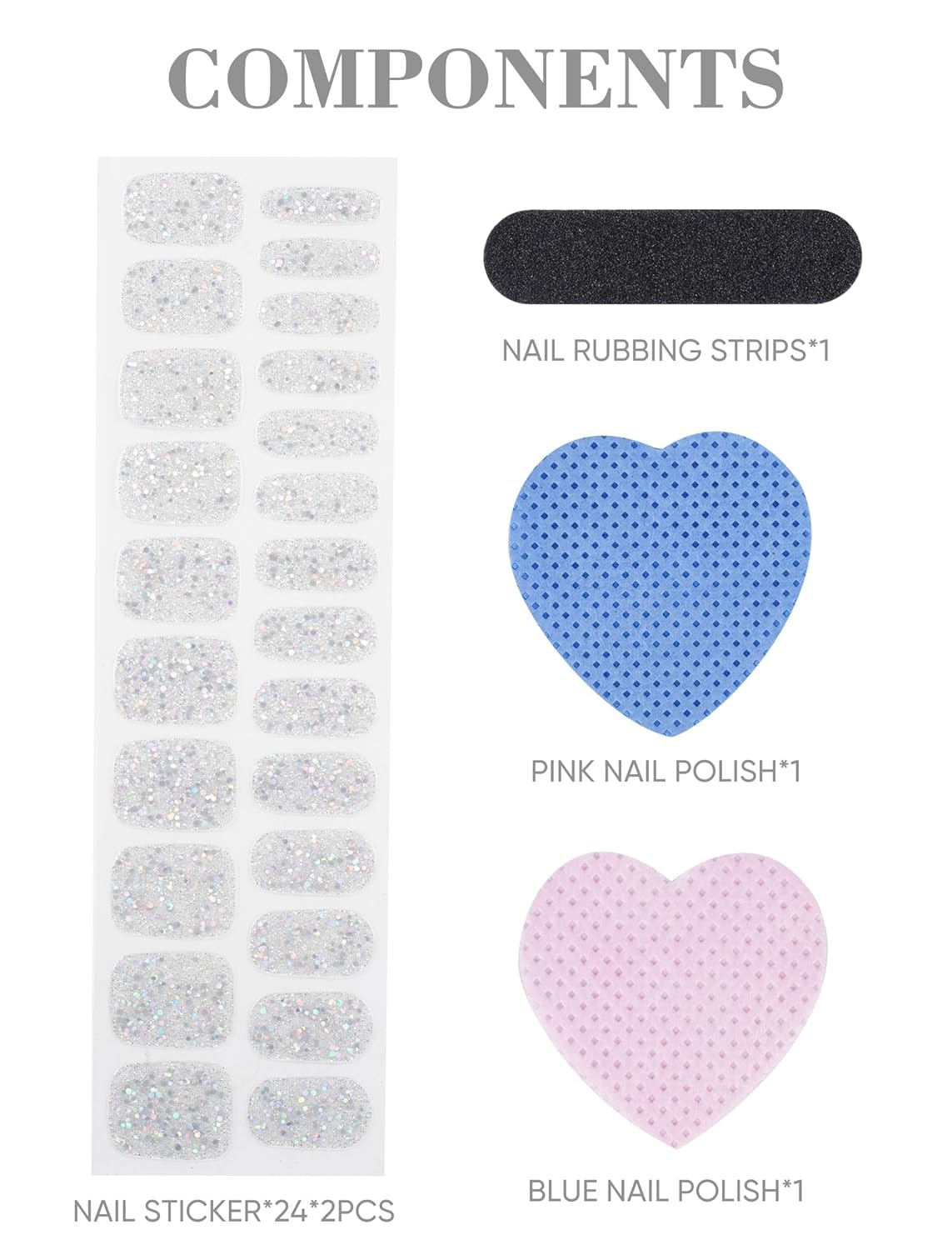 Nail Art Stickers for Women, 48 Pcs No UV Light Needed Semi Cured Gel Nail Strips Wraps Design Stick on Starter Kit (Silvery)(Silvery)