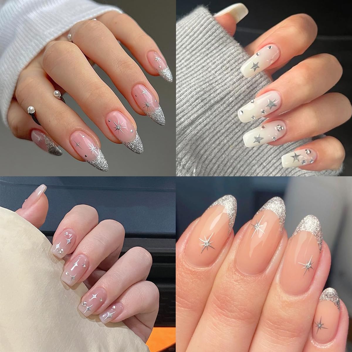 Holographic Star Nail Stickers 3D Glitter Silver White Stars Nail Design Nail Art Supplies Laser Star Nail Decals Self-Adhesive Nail Decoration Kit for Women Girls DIY Manicure Tips 6 Sheets