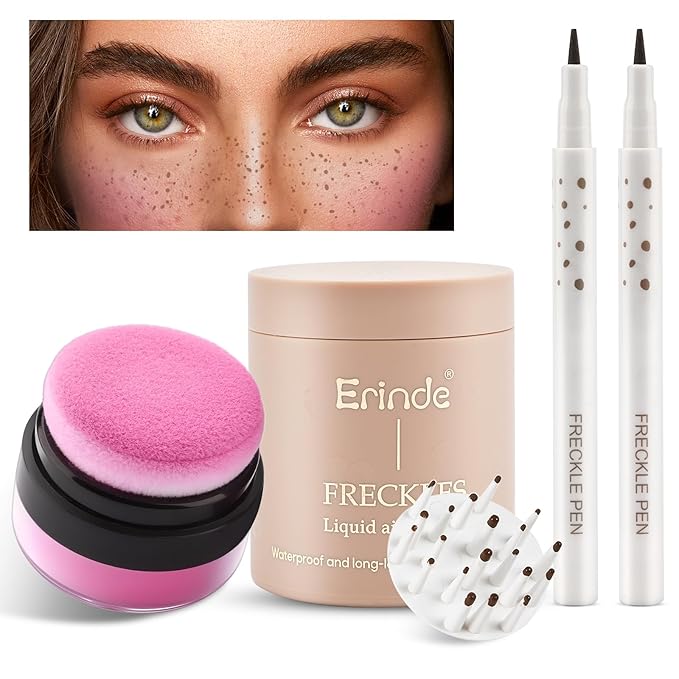 Erinde Natural Freckle Blush Makeup Kit - Liquid Freckle Pen & Fake Freckles Stamp Air Cushion & Powder Cushion Blush, Long Lasting Waterproof Freckles Tattoo Marker for Natural Sunkissed Makeup