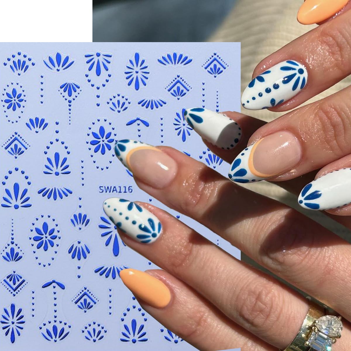 Bohemian Style Nail Stickers 3D Self Adhesive Nail Art Stickers Retro Blue Nail Decals Gold Silver Bohemian Design Flower Nail Sticker for Nail Art Decoration Manicure Accessories for Women 6 Sheets