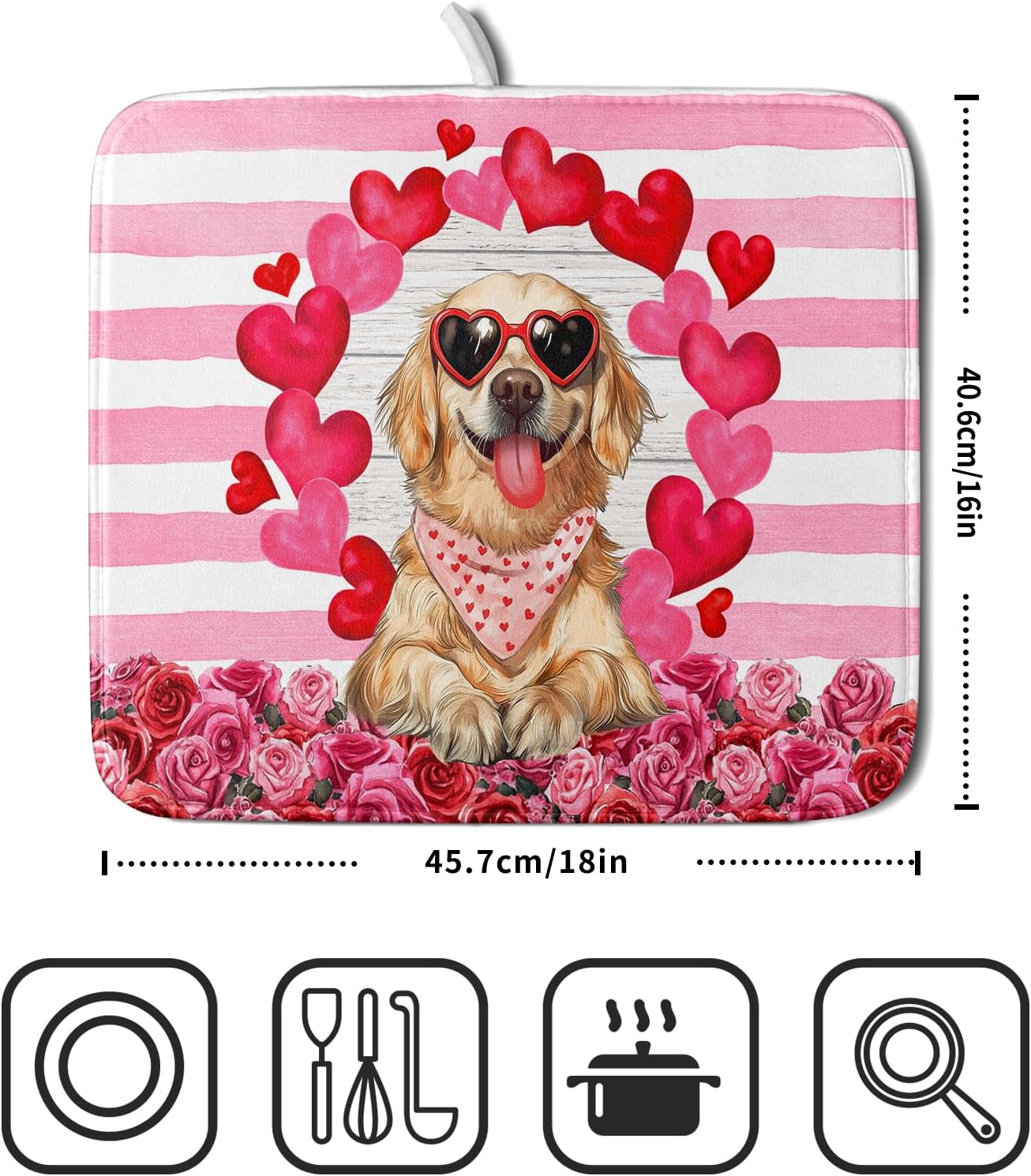Valentine's Day Dog Dish Drying Mat for Kitchen Counter 16x18 inch Heart Rose Absorbent Dish Drainer Rack Mats for Coffee Bar Countertop