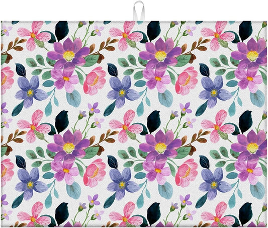Dish Drying Mat For Kitchen Counter, Colorful Summer Pansy Flowers Microfiber Absorbent Dish Drainer Rack Pad Reusable Large 18x24in Drying Mat