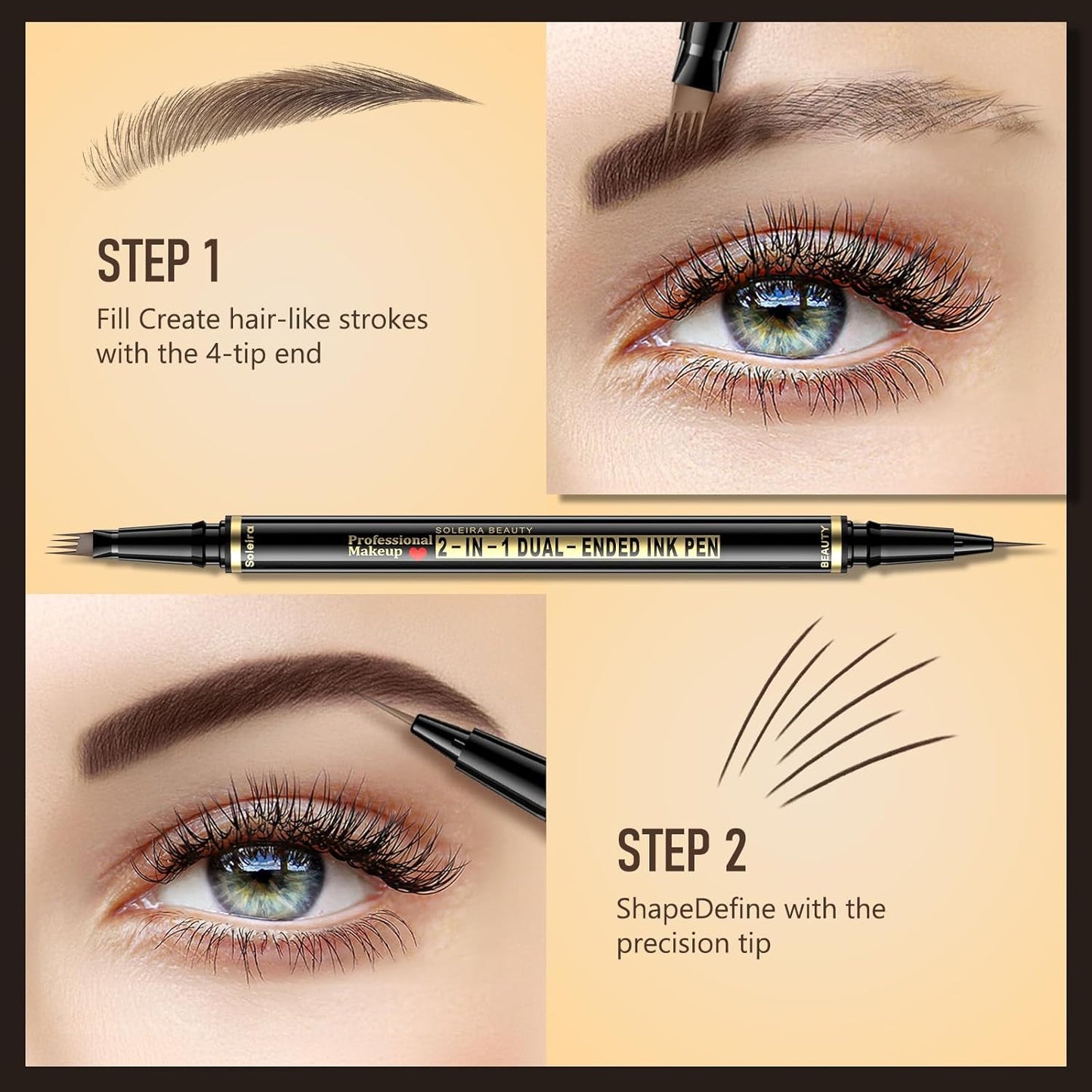 Eyebrow Pen, Soleira Waterproof Eyebrow Pencil with 4 Tip Microblading Eyebrow Pen and Dual-ended Eyebrow Brush, for Natural-Looking Brows, Long-Lasting, Dark Brown