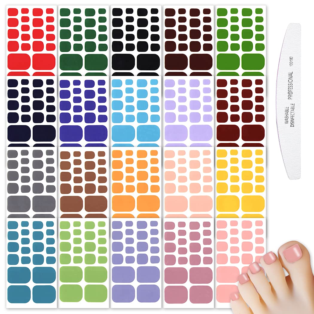WOKOTO 20 Sheets Full Toe Nail Wraps Self-Adhesive Solid Color Toenail Nail Polish Strips Stickers for Toe Nails Stickers Decals with 1 Piece Nail File Manicure Kit Stick On Nails Color Strips