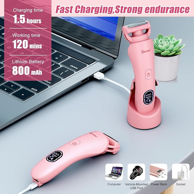 Hatteker Women's Electric Shaver Bikini Trimmer Hair Trimmer for Women LED Display Electric Razor for Legs Bikini Underarm Public Hairs Led Display IPX7 Waterproof Gift for Women (Pink)