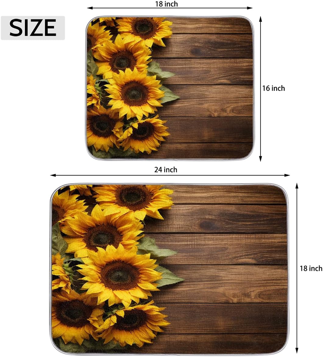 Dish Drying Mat Sunflower Wooden Board Large Drying Mat for Kitchen Counter 18x24in Absorbent Dish Drainer Rack Pad, Heat Resistant Coffee Bar Mats Countertop Protector
