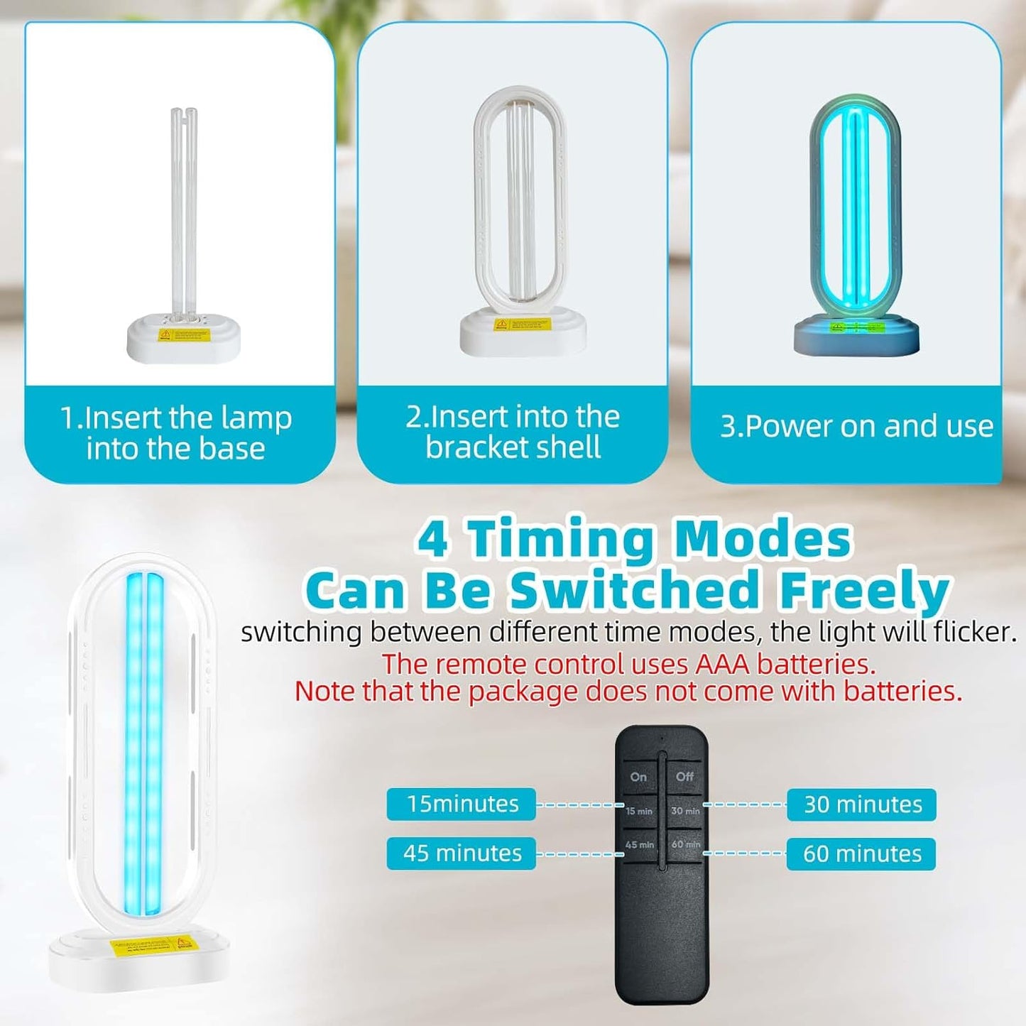 UV Light Sanitizer,4-Speed Timing and Remote Control UVC Home Disinfection Device,Portable Ultraviolet Light Sanitizer for Dust Mites,UV Lamp for Whole Room,White