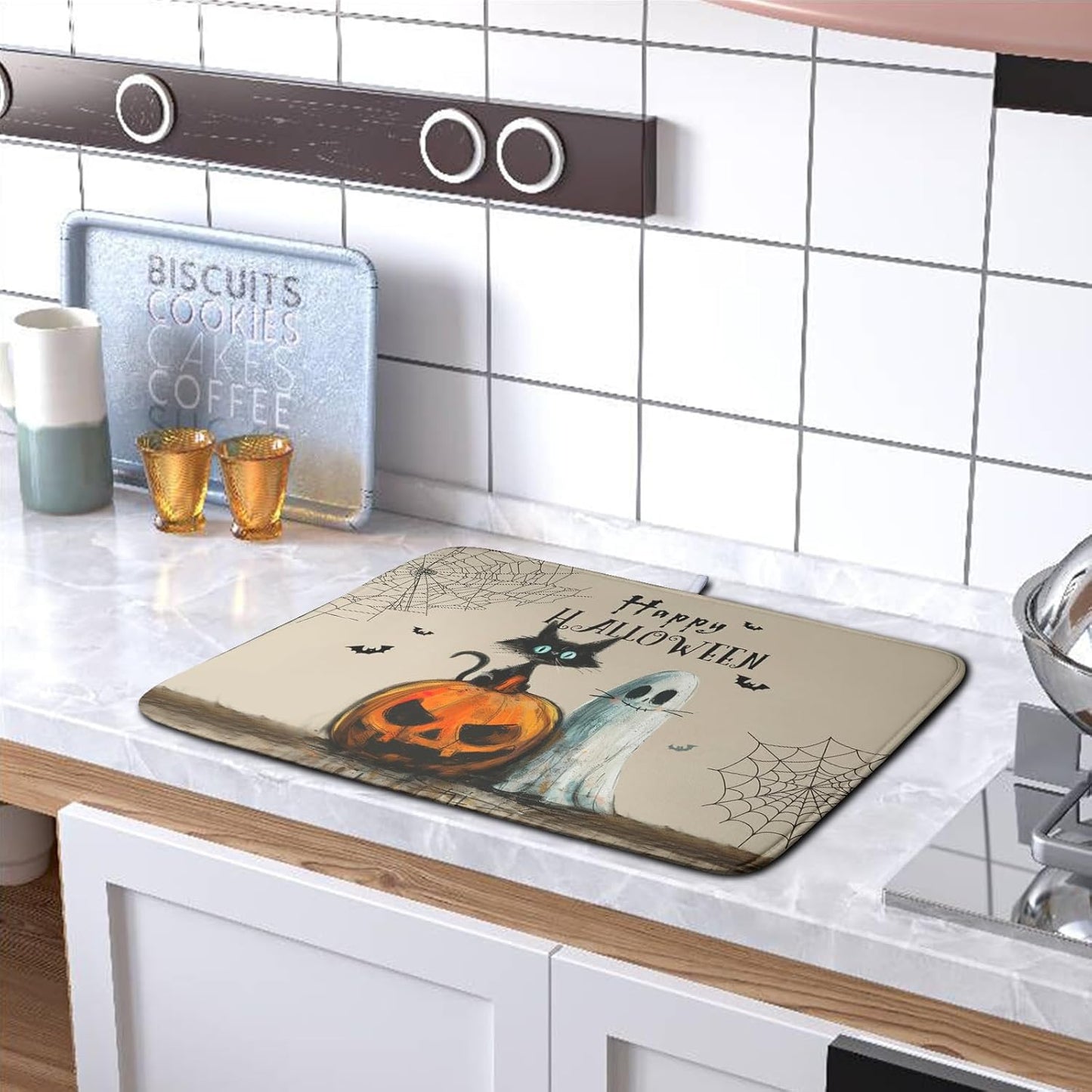 Happy Halloween Dish Drying Mat for Dishs 18x24 Inch Halloween Pumpkin Ghost Black Cat Kitchen Drying Mat Spooky Spiderweb Holiday Dish Drainer Mat Super Absorbent Dish Rack Pad for Coffee Bar Sinks