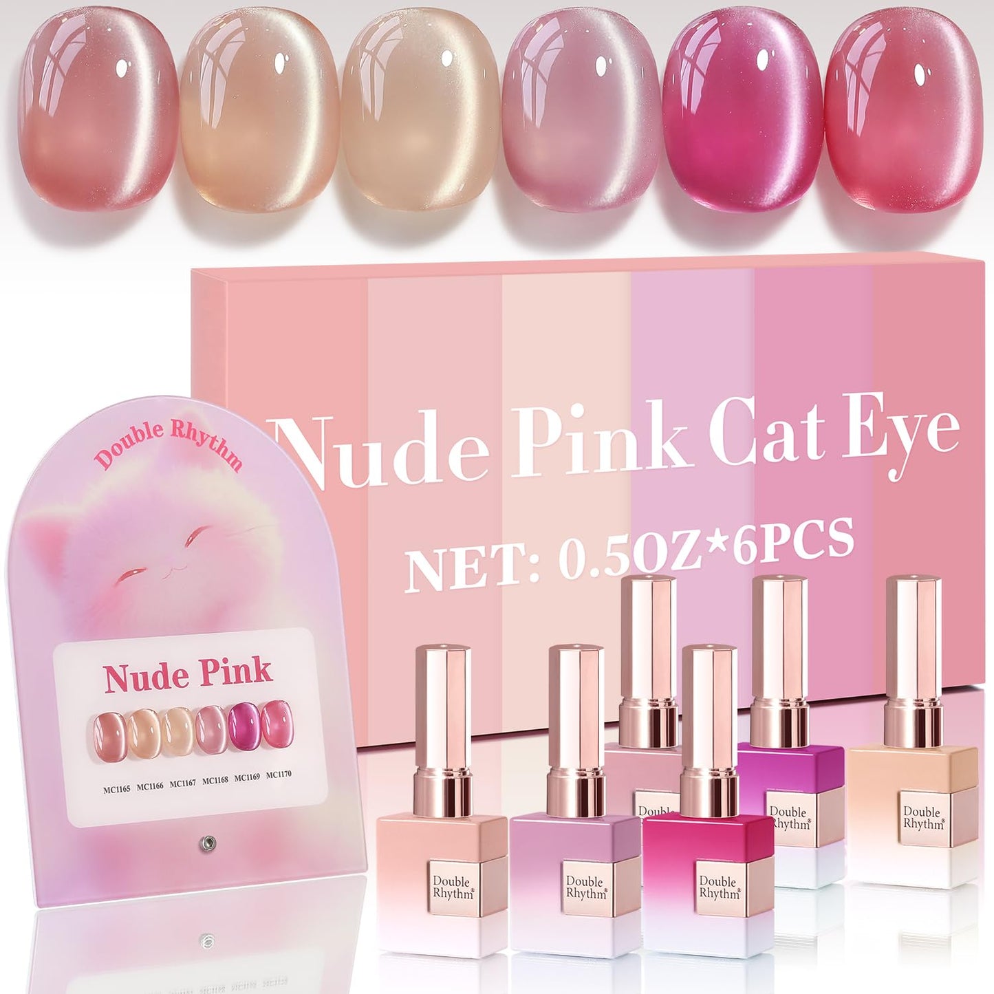 Double Rhythm Cat Eye Gel Nail Polish Set of 6 Same Color Same Bottle 0.5 Oz Shimmer Glitter with Magnet Holographic Reflective Magnetic UV Nail Polish Kit at Home (Nude Pink Rose-T6-30)