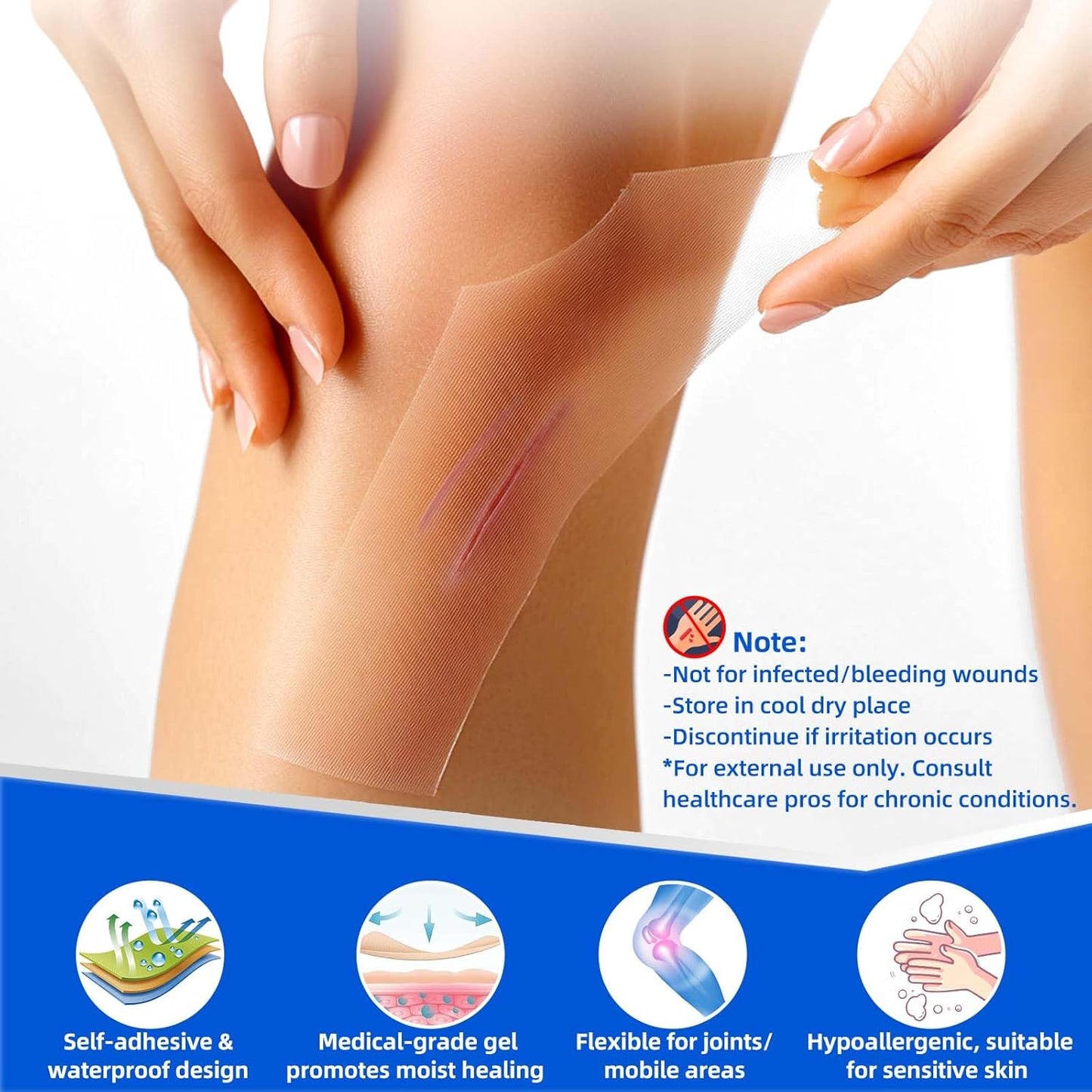 8 Count Hydrocolloid Bandages 4"x8", Large Hydrocolloid Gel Bandages for Wounds, Wound Healing Bed Sore Dressings