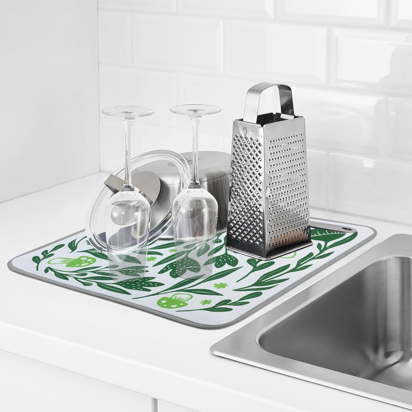 SHIYUE Dish Drying Mat for Kitchen Counter Super Absorbent Spring Kitchen Decor Microfiber Drying Matainers Rack Fast Pad Dish Drainer Mats(Green Flower Bird,16''x18'')