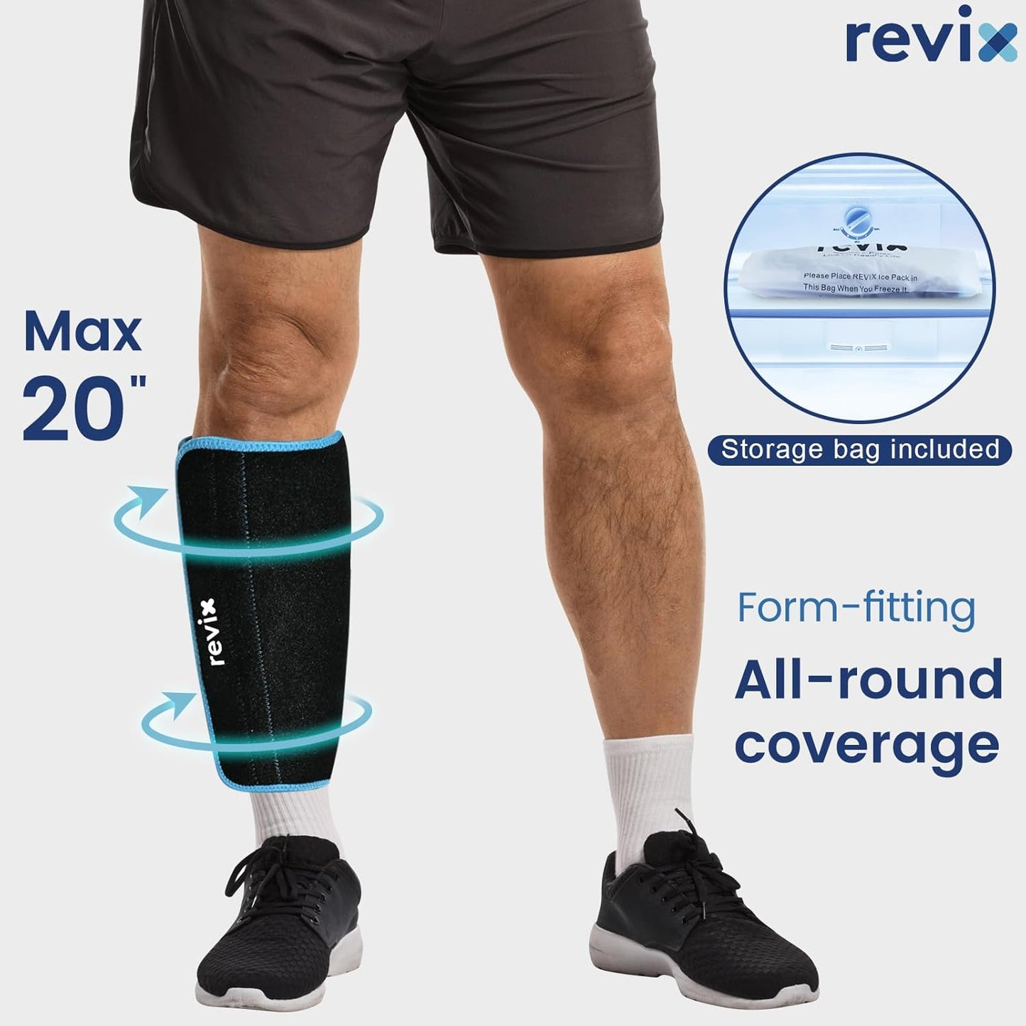 REVIX XL Shin Ice Pack Reusable Gel Cold Pack for Calf and Elbow Discomfort Relief, Leg Cold Therapy Compression Sleeve Refreezable, 360° Full Coverage